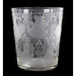 An unusual large glass beaker engraved with twelve roundels, each depicting one of the twelve