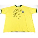 BRAZIL; a 1970s retro Brazil home shirt, signed by Pelé, Piazza, Jairzinho, C. Alberto, Felix, Brito