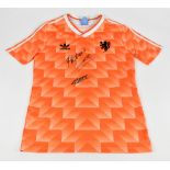 NETHERLANDS; a Adidas 1988 home shirt, signed by Van Basten, Guillet, Rijkaard to the front, size M.