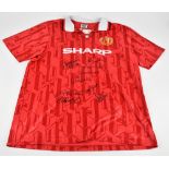 MANCHESTER UNITED; Class of ’92 home shirt, signed by G. Neville, P. Neville, Scholes, Giggs and