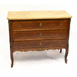 A French Louis XVI style inlaid walnut commode, with veined marble top above three long drawers on