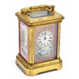 A 19th century French miniature lacquered brass and porcelain carriage clock, the hand painted