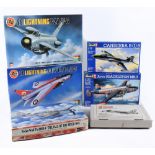 Fifteen model aircraft kits comprising two Airfix EE Lightning F-2A/F-6 fighter planes, a Hasegawa