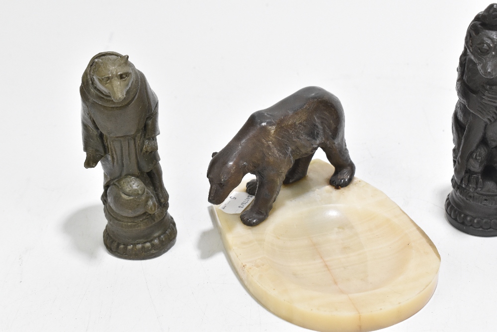 A 1930s bronzed spelter figural ashtray modelled with a polar bear on an alabaster plinth base, - Image 2 of 4