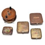 FISHING INTEREST; three brass fishing tins of square form, each with applied copper panels inscribed