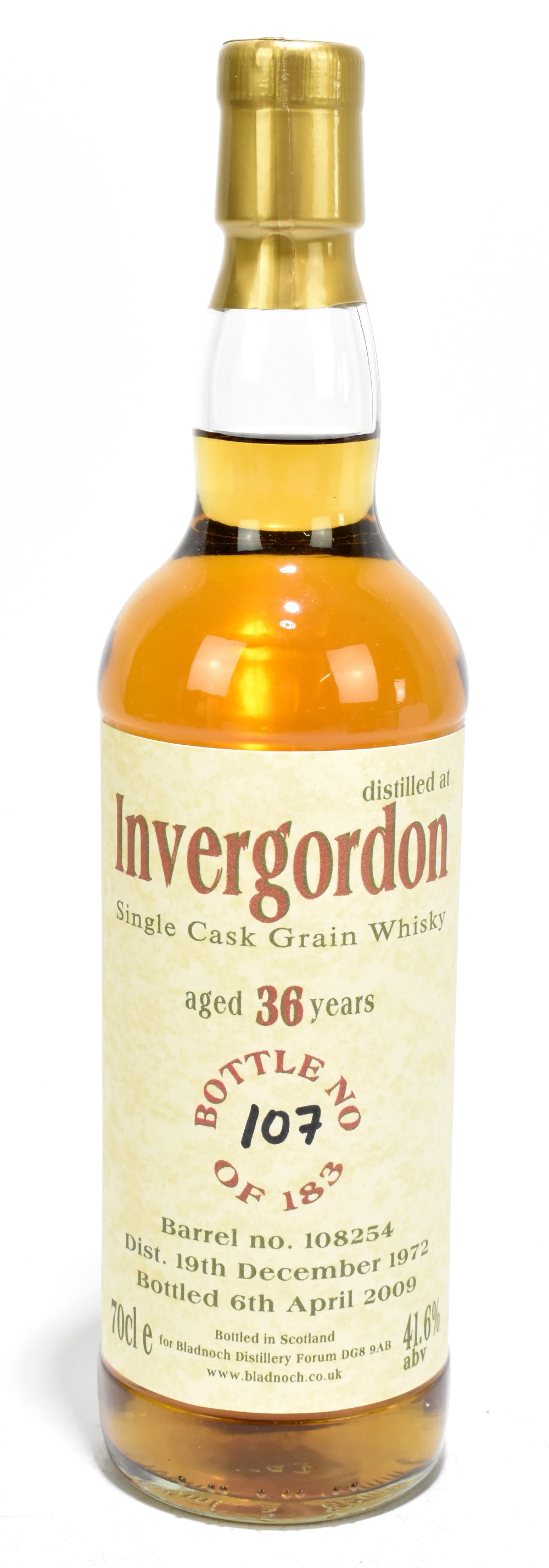 WHISKY; a single bottle of Invergordon Single Cask Grain Whisky aged 36 years, bottle number 107