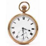 A 9ct yellow gold crown wind open faced pocket watch with white enamel dial set with Roman numerals,