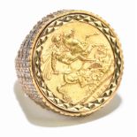 A George V full sovereign 1912, in 9ct textured yellow gold ring mount, size M, approx 15.7g.