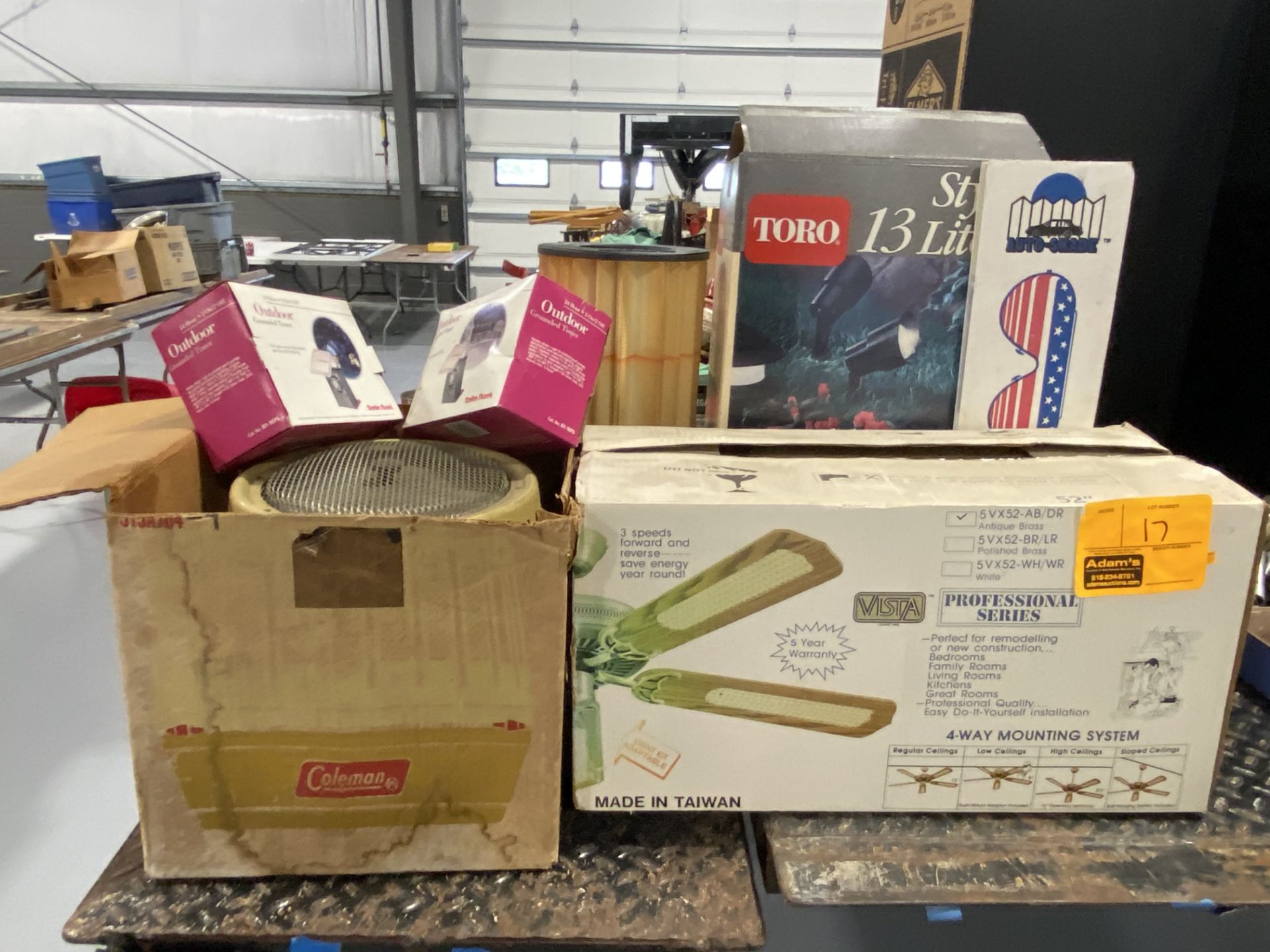 BRAND NEW CEILING FAN IN BOX, HEATER, OUTDOOR TIMERS, OUTDOOR LIGHTS, WINDOW SHADE