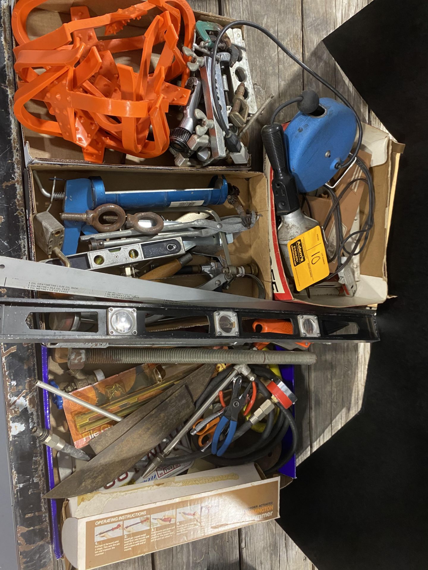 DROP LIGHT, WIRE CUTTERS, EYE BOLTS, LEVEL, OIL CAN WRENCH, REMINGTON POWER HAMMER, AND MORE