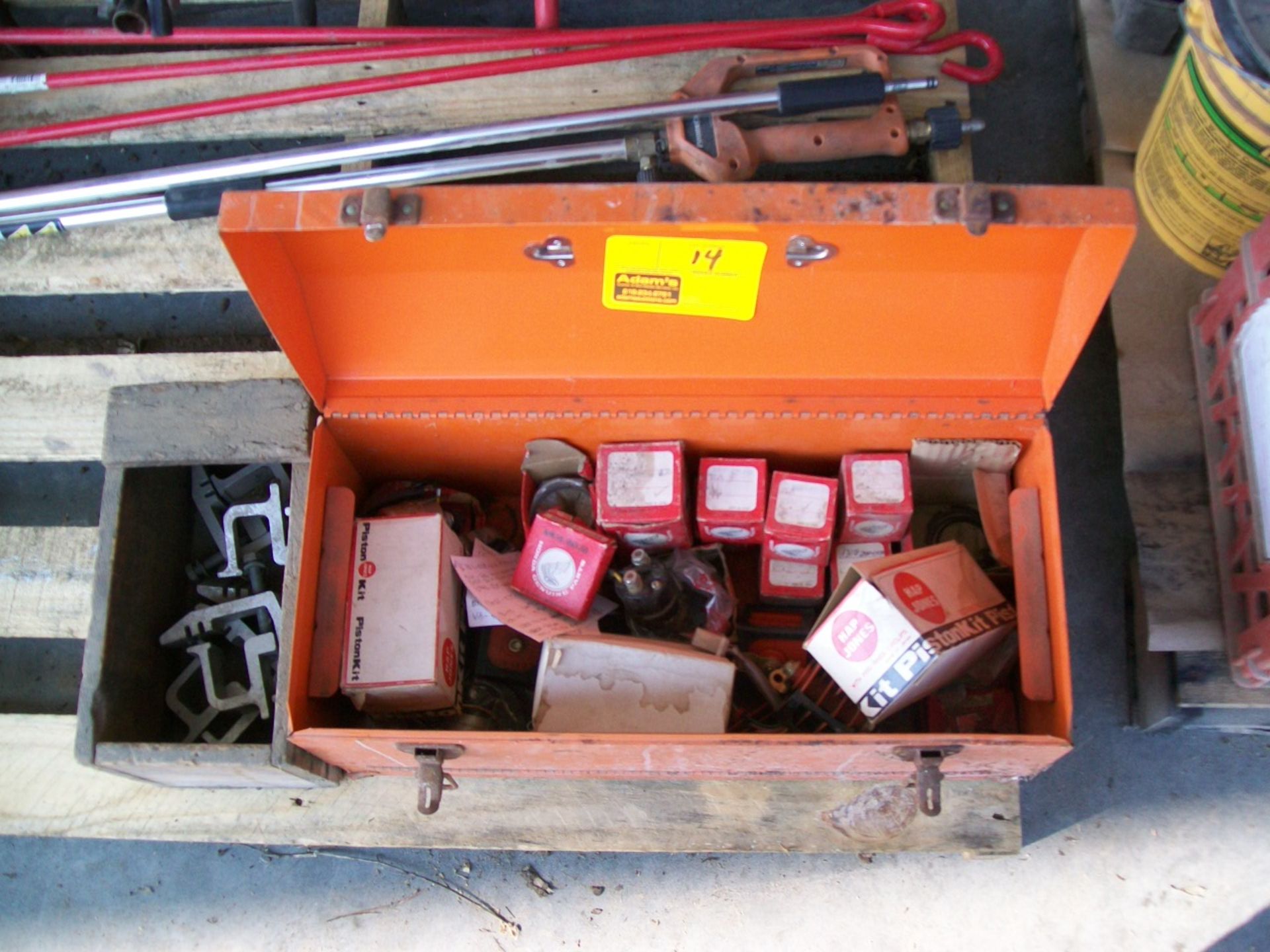 TOLL BOX FULL OF PISTON & HONDA PARTS, CLAMPS