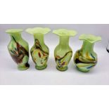 4 Murano vases. Pale green with multi colour design. 2 of them are a pair. (4) Condition: no signs