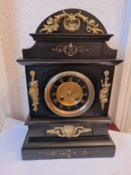 Large slate mantle clock with inlaid decoration and brass gilt adornments. Victorian. - Image 8 of 8