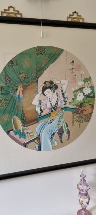 2 x Oriental, framed & glazed paintings - ladies with musical instruments and a lady at dress. Black - Image 3 of 3
