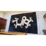 Dragon rug, pastels on black, 188 x 122cm, silk/wool.