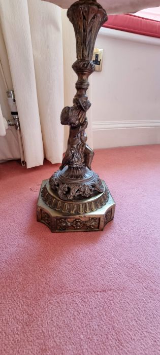 Small wine table with a marble top, a cast leg depicting a classical cherub on a brass base. Maybe a - Image 3 of 7