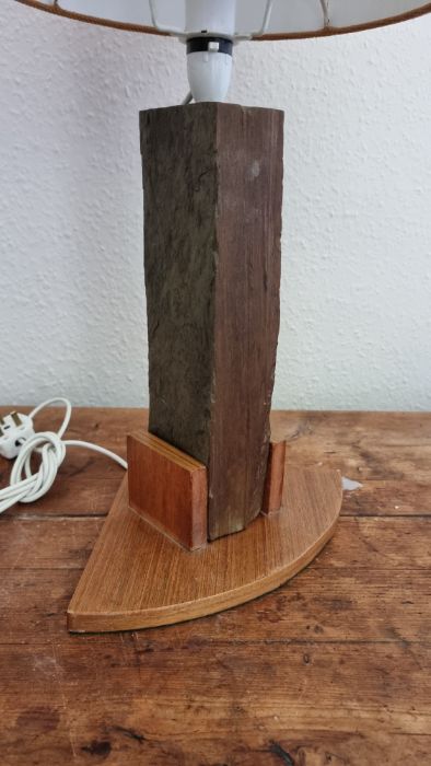 Mid 20thC table lamp styled around a heavy slate base with large shade. - Image 2 of 2