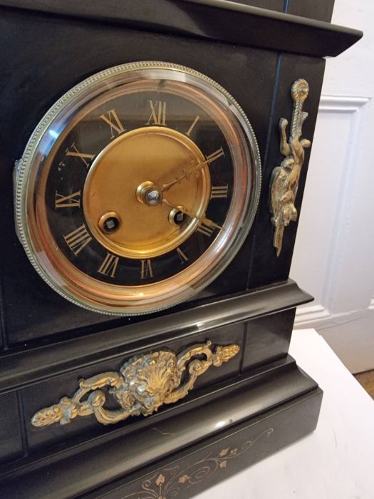 Large slate mantle clock with inlaid decoration and brass gilt adornments. Victorian. - Image 4 of 8