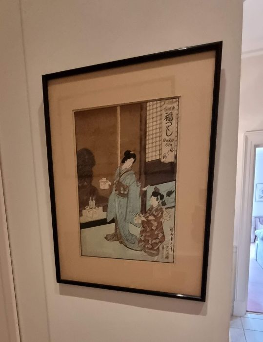 Framed and glazed hand coloured print, Huku gin.