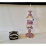 Decorative perfume bottle pink/gold/clear glass 25cm plus an aboriginal design small box (2)