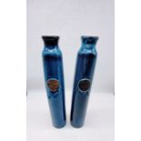 Pair of tall vases. Studio pottery in blue with Oriental style motif. Condition as new.