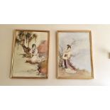 2 x Oriental oil on canvas paintings , ladies in pastel shades, gilt frames, 90 x66cm