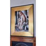 Oil on canvas, Art Deco lady, large black and gold painted frame 59 x 89cm