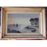 19thC Oil On Canvas. Signed J Brett 1874 Harbour Cottages Coast. Gilt frame with glass..