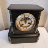 Slate mantle clock with marble inlays. Victorian.