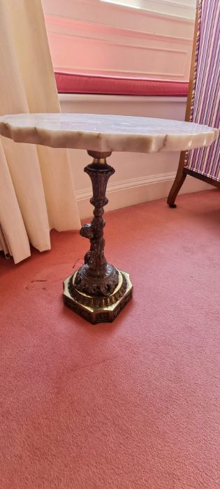 Small wine table with a marble top, a cast leg depicting a classical cherub on a brass base. Maybe a - Image 4 of 7