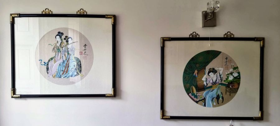 2 x Oriental, framed & glazed paintings - ladies with musical instruments and a lady at dress. Black