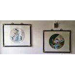 2 x Oriental, framed & glazed paintings - ladies with musical instruments and a lady at dress. Black