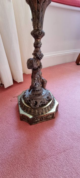 Small wine table with a marble top, a cast leg depicting a classical cherub on a brass base. Maybe a - Image 2 of 7