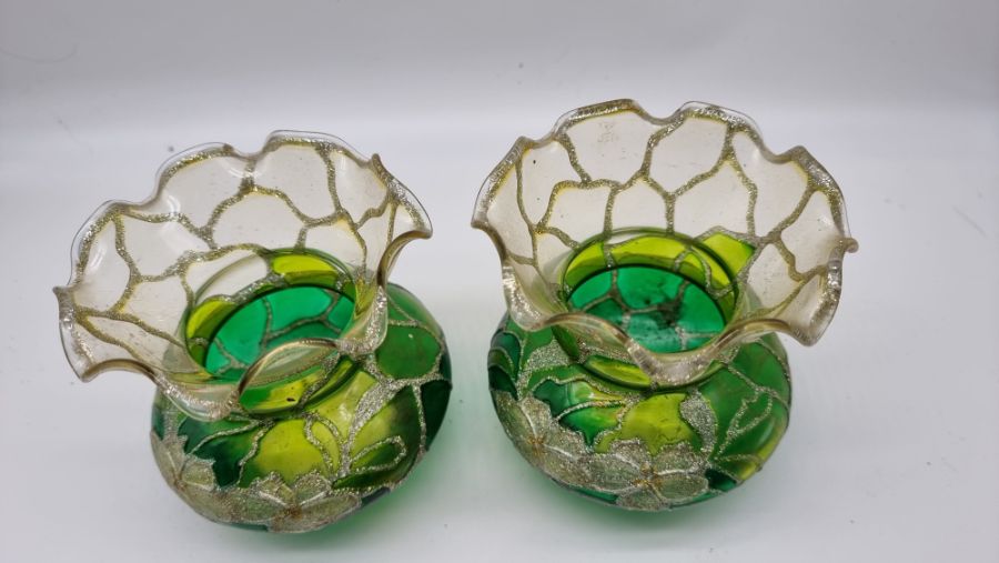 Pair of hand painted green glass vases floral design. Condition. No signs of damage or repair - Image 3 of 4