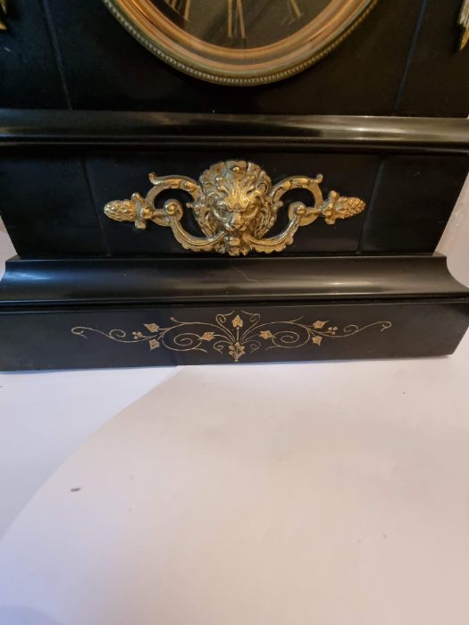 Large slate mantle clock with inlaid decoration and brass gilt adornments. Victorian. - Image 3 of 8