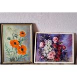 2 floral paintings. Oil on Canvas and oil on board. 1 signed Pitt with the other indistinct. 39cm