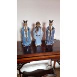 3 large figures of Chinese Mudmen in blue robes. H33cm. Condition no signs of damage or repair.
