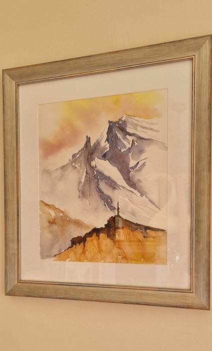 E Rogolle - Watercolour, Briancon Mountain, French Alps, in silver colour frame