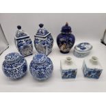 Various blue and white Chinese ginger and spice jars. Some pairs. Condition -1 lid chipped in the