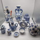 Various blue and white Chinese Asian ceramics.... lidded pots, figure, finger bowls, decorative