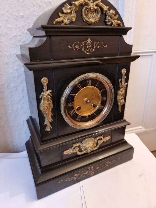 Large slate mantle clock with inlaid decoration and brass gilt adornments. Victorian. - Image 7 of 8