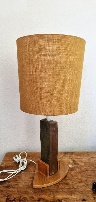 Mid 20thC table lamp styled around a heavy slate base with large shade.