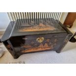 Travel chest, depicting Oriental fishing scenes, wooden, floating top shelf - 100x56x50cm