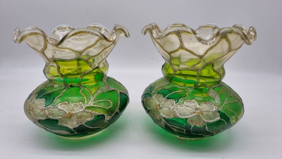 Pair of hand painted green glass vases floral design. Condition. No signs of damage or repair - Image 4 of 4