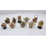 Collection of 10 decorative cloisonne miniatures of Chinese tea pots, lidded pots etc