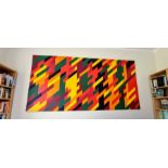 Large abstract painting on board with bright geometric shapes. Indistinct signature.