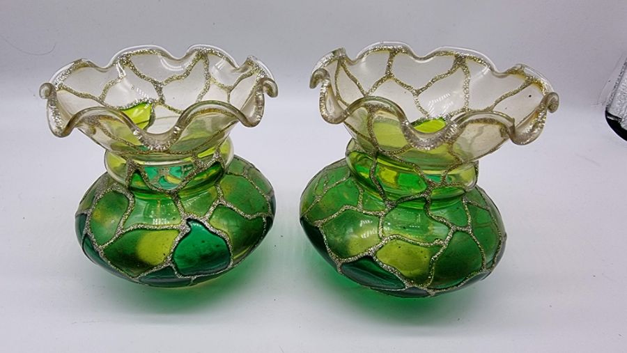 Pair of hand painted green glass vases floral design. Condition. No signs of damage or repair - Image 2 of 4