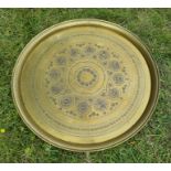 Large Antique Brass Circular Table Top With Wall Mount Addition. 23 inch diameter.