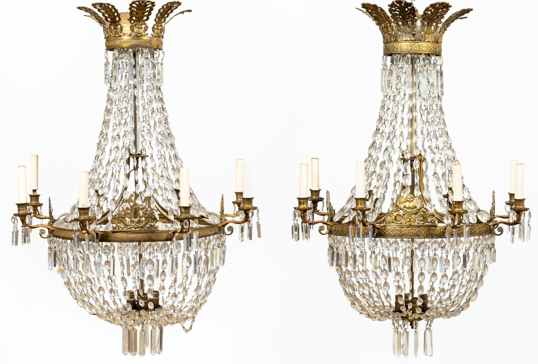 PR. EMPIRE STYLE GILT & CRYSTAL BASKET CHANDELIERS