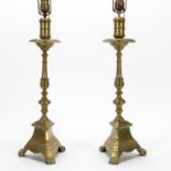 PAIR, HEAVY BRASS CANDLESTICK LAMPS